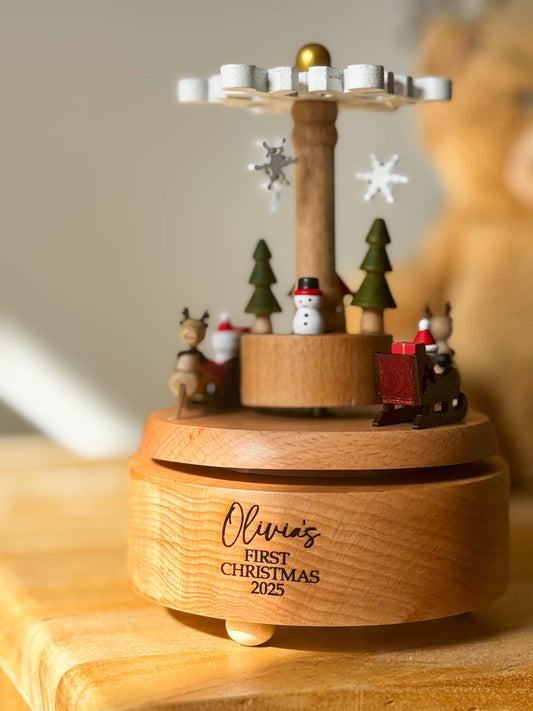 Personalised Christmas Carousel Gift | Engraved Wooden Music Box | Baby Keepsake | Family First Christmas Heirloom Decor