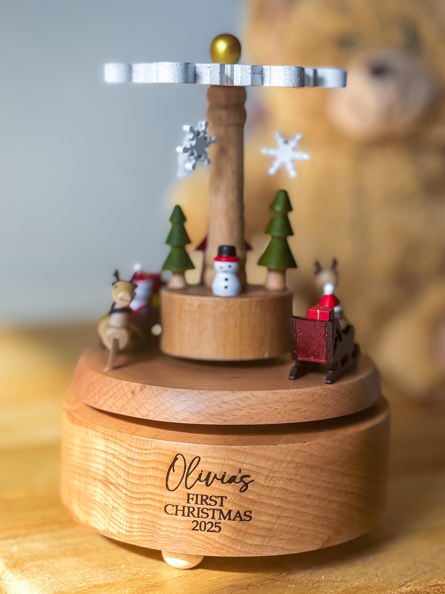 Personalised Christmas Carousel Gift | Engraved Wooden Music Box | Baby Keepsake | Family First Christmas Heirloom Decor