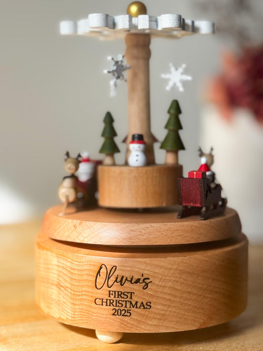 Personalised Christmas Carousel Gift | Engraved Wooden Music Box | Baby Keepsake | Family First Christmas Heirloom Decor