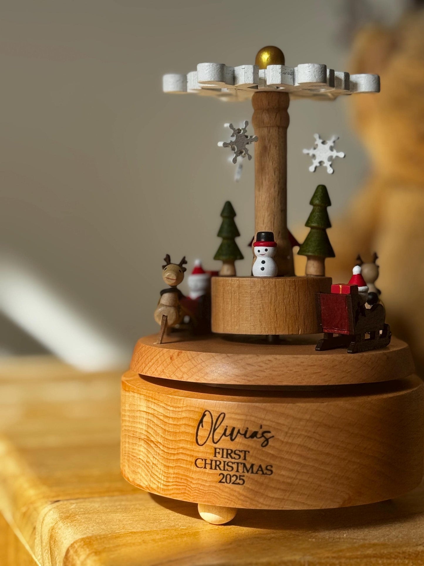 Personalised Christmas Carousel Gift | Engraved Wooden Music Box | Baby Keepsake | Family First Christmas Heirloom Decor