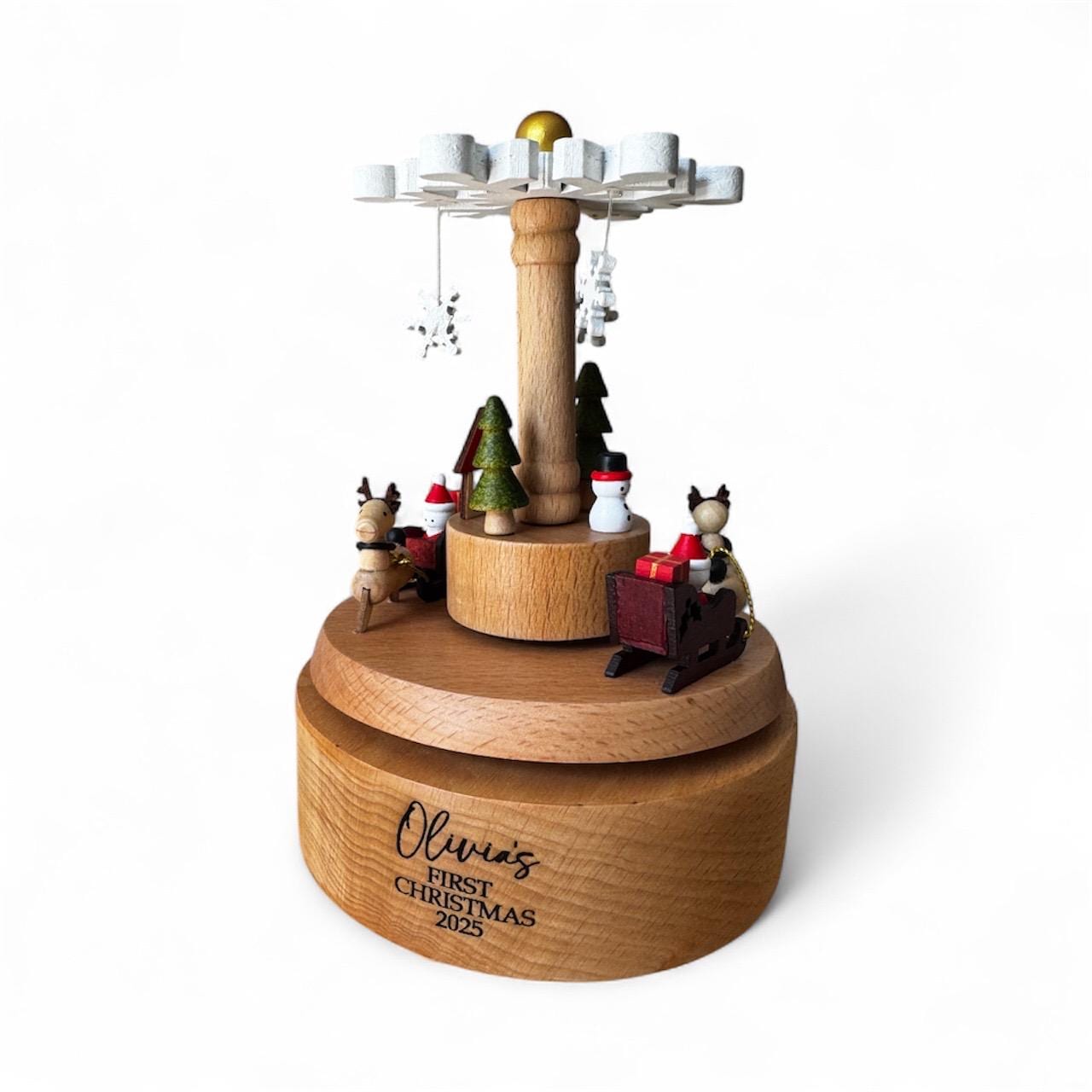 Personalised Christmas Carousel Gift | Engraved Wooden Music Box | Baby Keepsake | Family First Christmas Heirloom Decor