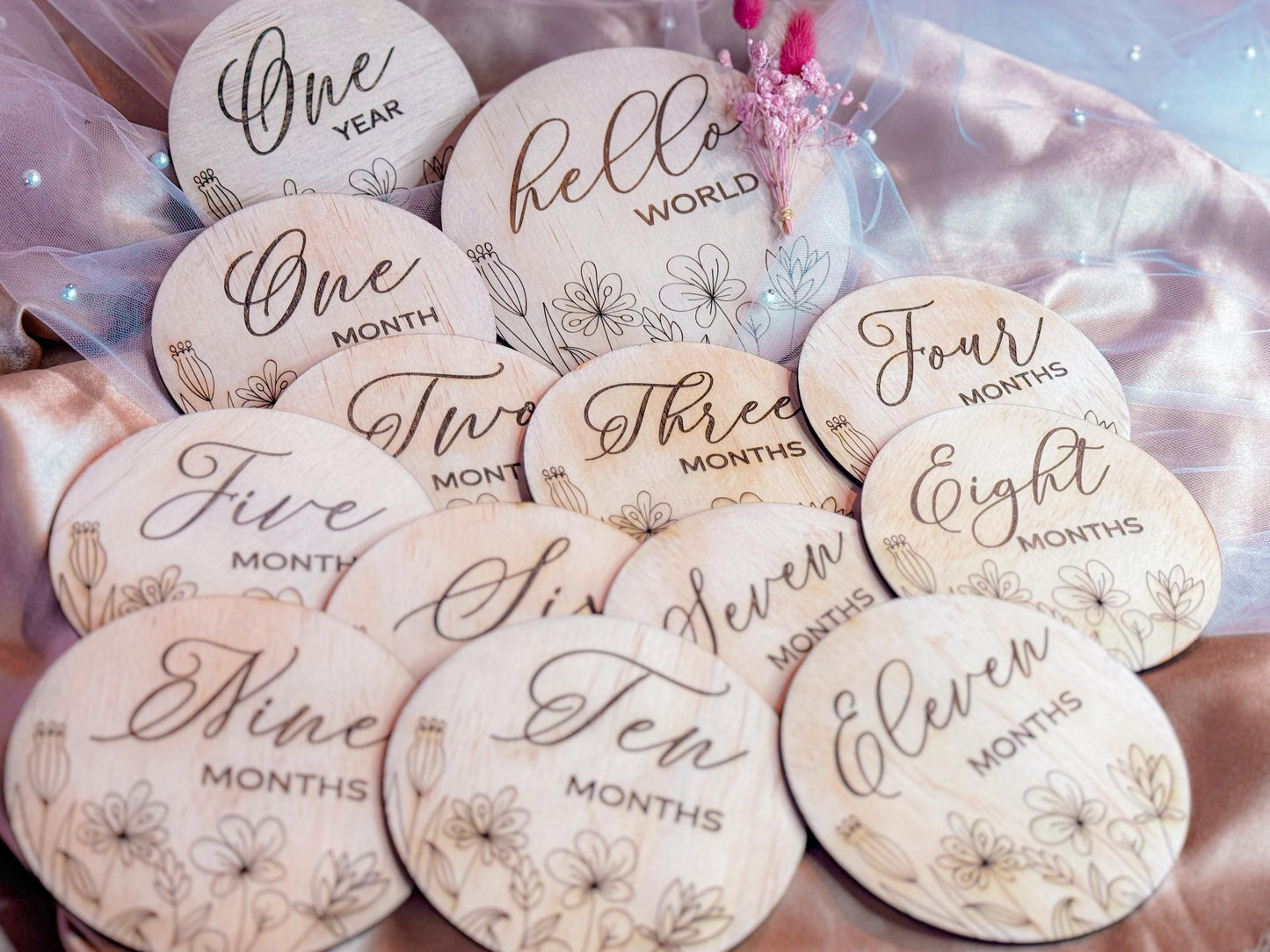 Wildflower Baby Milestone Discs: Engraved Wooden Photo Prop