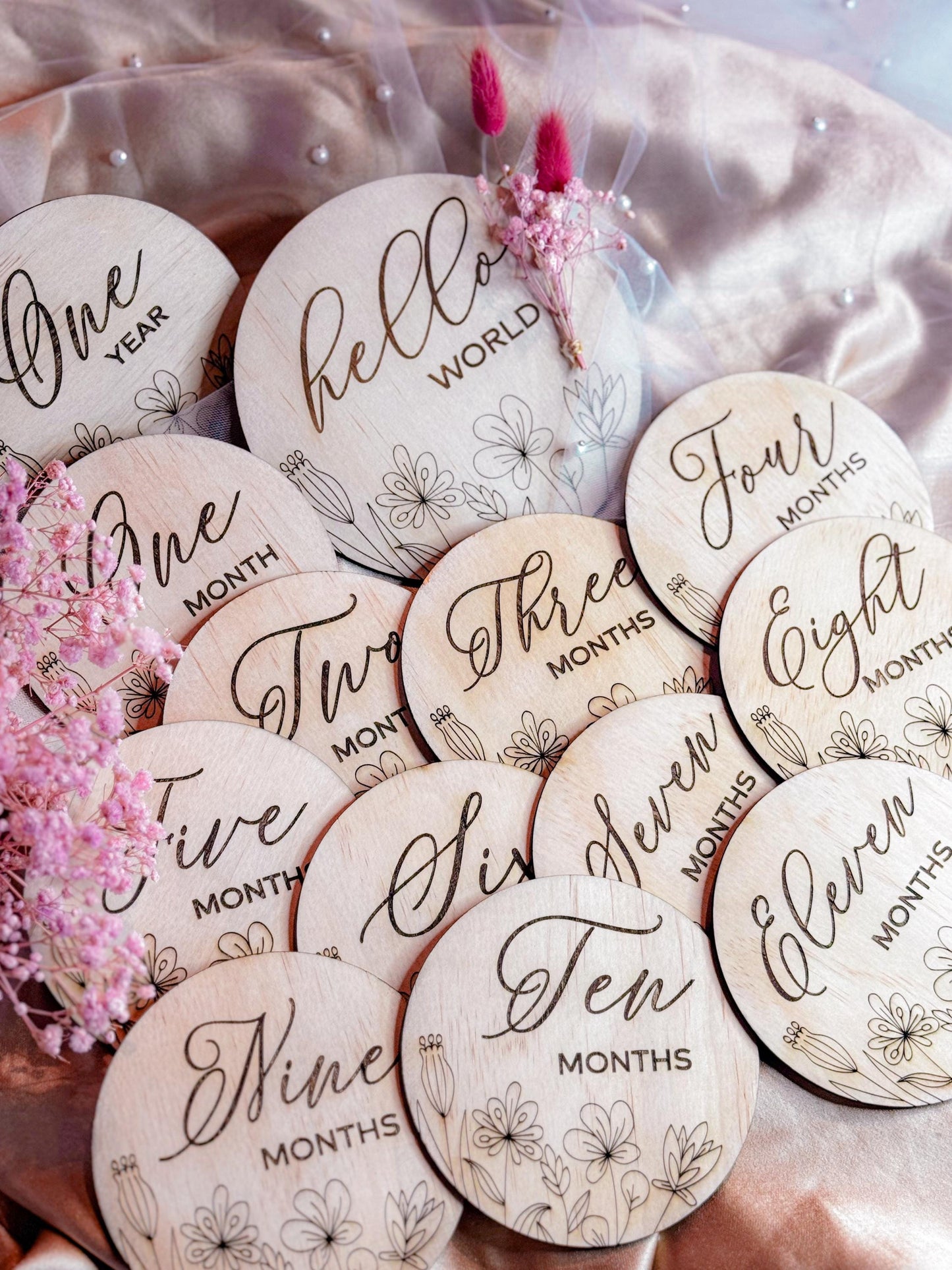 Wildflower Baby Milestone Discs: Engraved Wooden Photo Prop