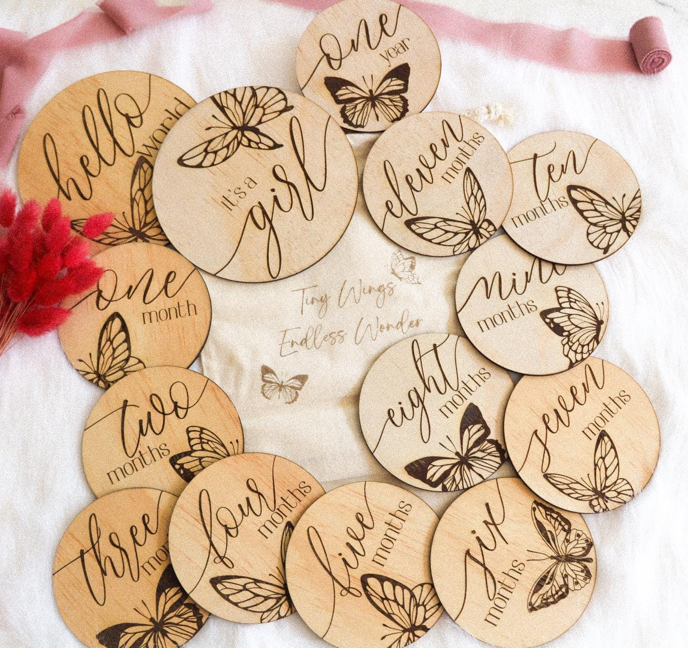 Butterfly Baby Milestone Discs – Wooden Keepsake Set (12 months + Birth Announcement)