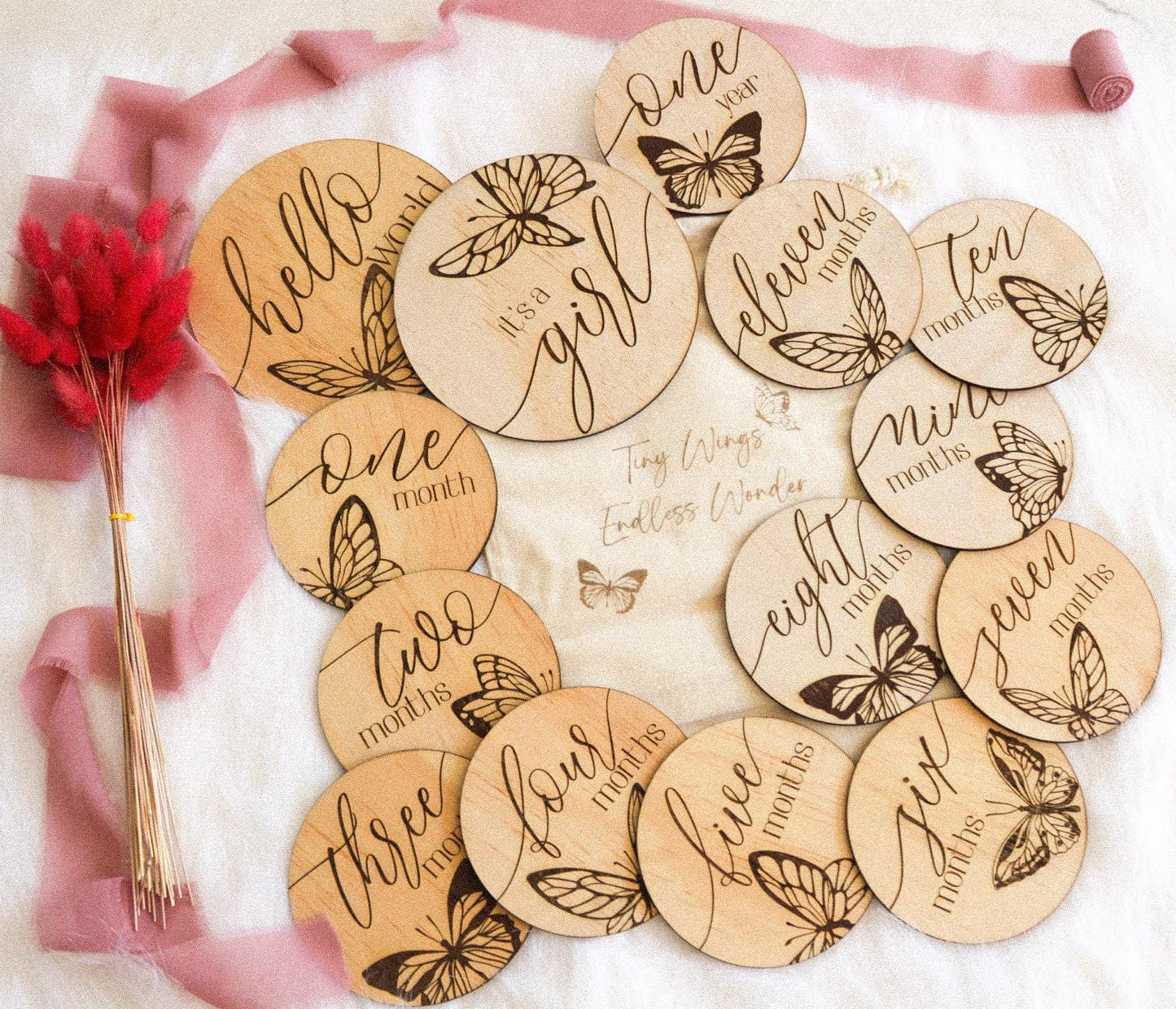 Butterfly Baby Milestone Discs – Wooden Keepsake Set (12 months + Birth Announcement)